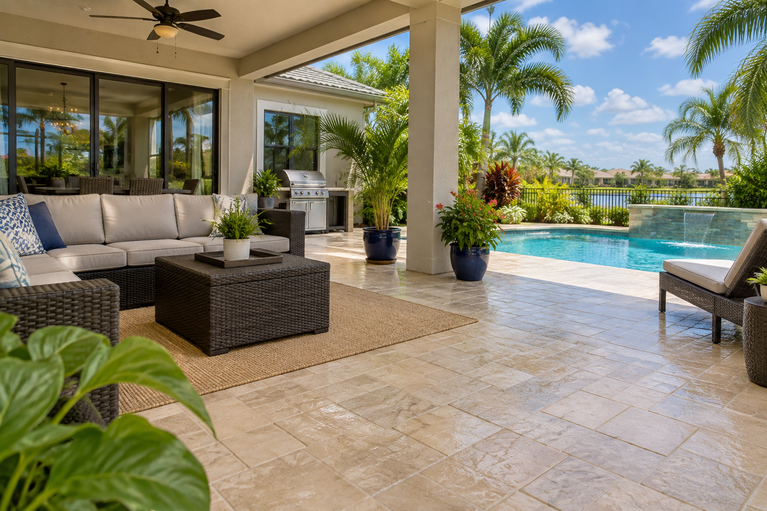 Clean patio beside a bright blue backyard pool
